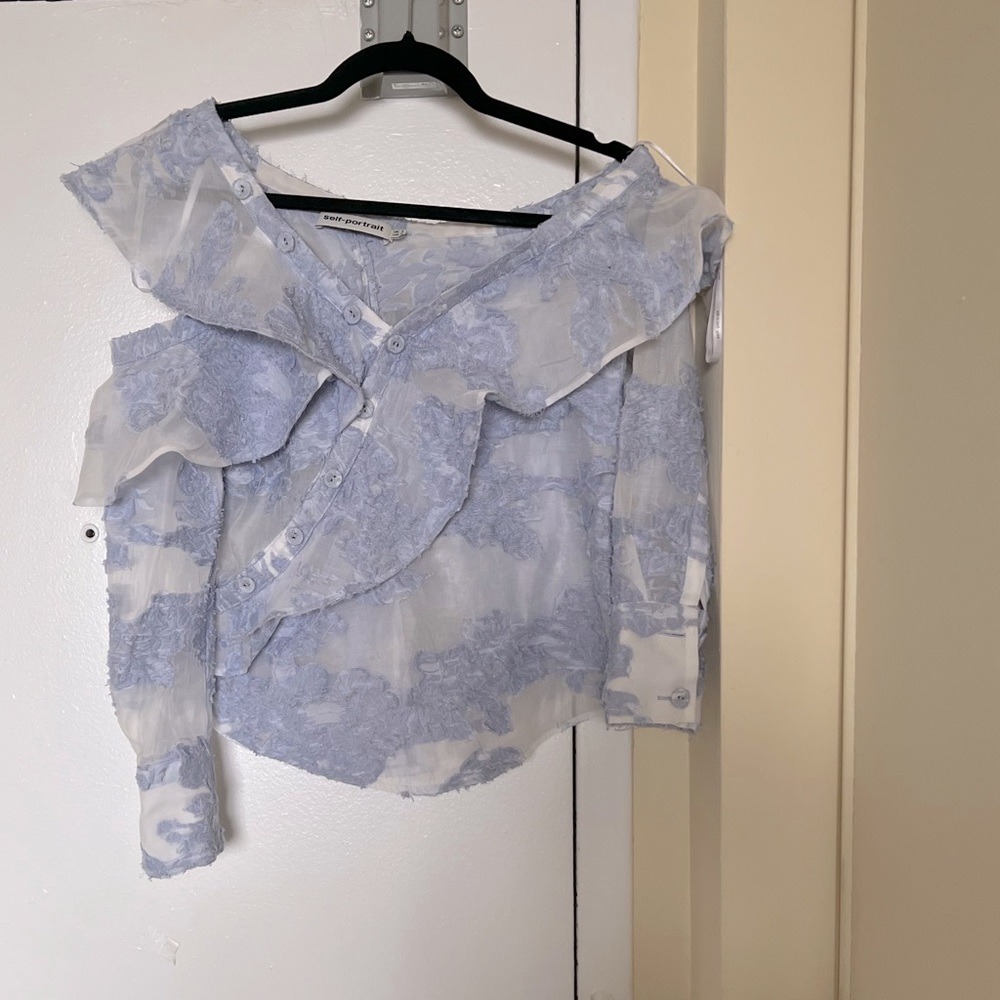 Self-Portrait Pale Blue Lace Ruffle Blouse